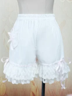 Lolita Bloomers White Cotton Lace Trim Heart Shape Pocket Bow Ribbon