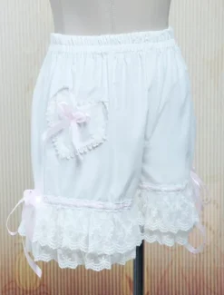 Lolita Bloomers White Cotton Lace Trim Heart Shape Pocket Bow Ribbon