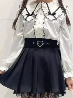 Lolita Blouse Lace Up Ruffles Round Collar Long Sleeve Shirt
