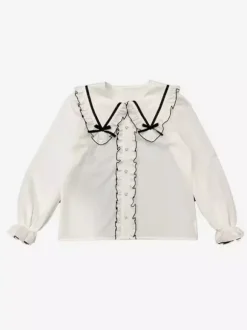 Lolita Blouse Lace Up Ruffles Round Collar Long Sleeve Shirt