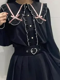 Lolita Blouse Lace Up Ruffles Round Collar Long Sleeve Shirt