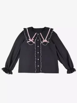 Lolita Blouse Lace Up Ruffles Round Collar Long Sleeve Shirt