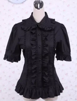 Lolita Blouse Pure Cotton Black Short Sleeves Ruffles Turndown Collar