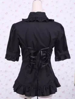 Lolita Blouse Pure Cotton Black Short Sleeves Ruffles Turndown Collar