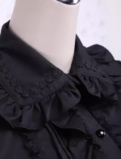 Lolita Blouse Pure Cotton Black Short Sleeves Ruffles Turndown Collar