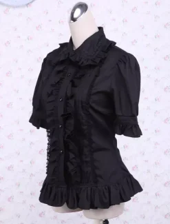 Lolita Blouse Pure Cotton Black Short Sleeves Ruffles Turndown Collar