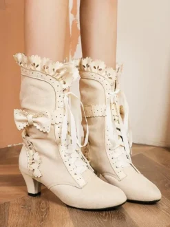 Lolita Boots Bows Kitten Heel Round Toe Lace Up Lolita Shoes