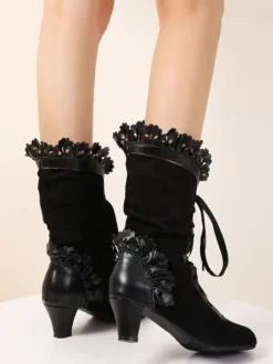 Lolita Boots Bows Kitten Heel Round Toe Lace Up Lolita Shoes