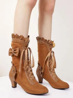 Lolita Boots Bows Kitten Heel Round Toe Lace Up Lolita Shoes