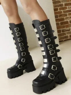 Lolita Boots Round Toe PU Leather Black Lolita Footwear