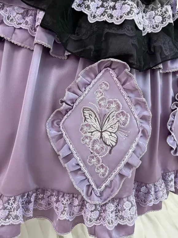 Lolita Dress And Apron Tow-piece Suit Purple Delicate Butterfly And Floral Embroidery Crossover Neckline Lolita Set Dress Apron