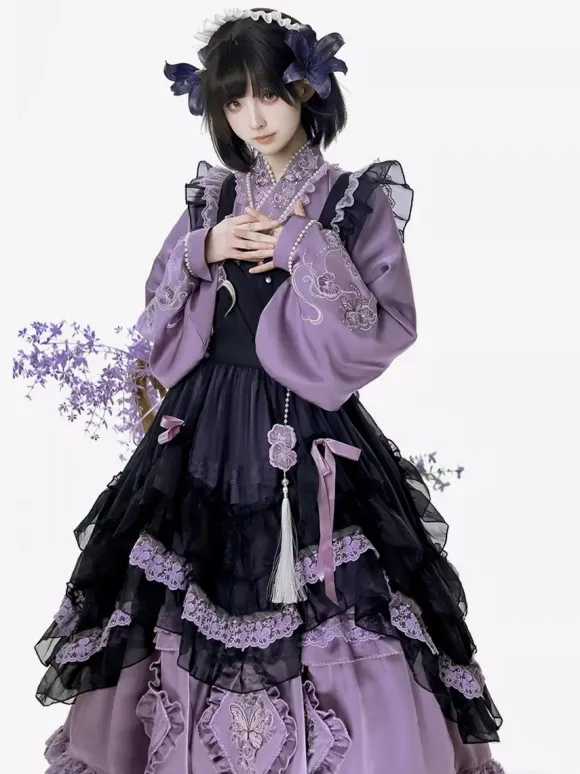 Lolita Dress And Apron Tow-piece Suit Purple Delicate Butterfly And Floral Embroidery Crossover Neckline Lolita Set Dress Apron