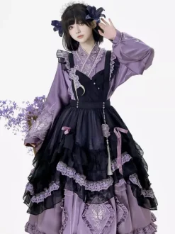 Lolita Dress And Apron Tow-piece Suit Purple Delicate Butterfly And Floral Embroidery Crossover Neckline Lolita Set Dress Apron