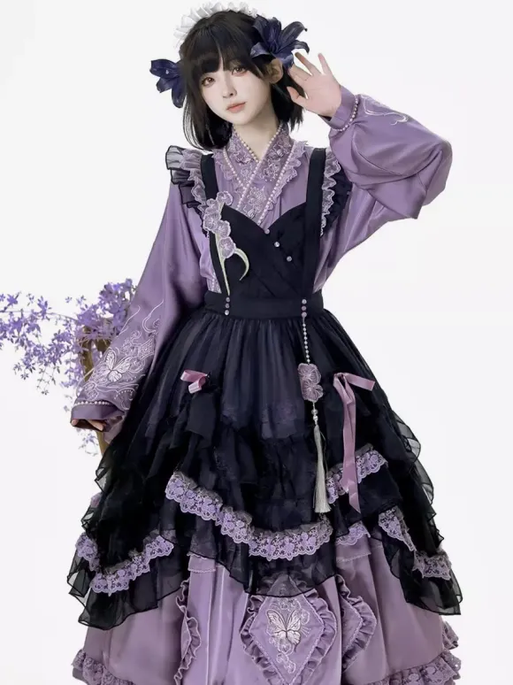 Lolita Dress And Apron Tow-piece Suit Purple Delicate Butterfly And Floral Embroidery Crossover Neckline Lolita Set Dress Apron