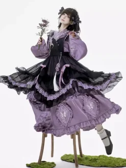 Lolita Dress And Apron Tow-piece Suit Purple Delicate Butterfly And Floral Embroidery Crossover Neckline Lolita Set Dress Apron