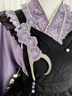 Lolita Dress And Apron Tow-piece Suit Purple Delicate Butterfly And Floral Embroidery Crossover Neckline Lolita Set Dress Apron