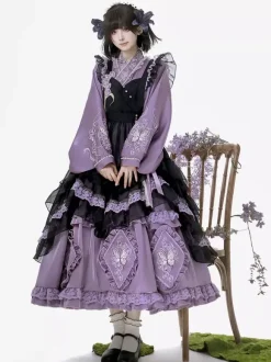 Lolita Dress And Apron Tow-piece Suit Purple Delicate Butterfly And Floral Embroidery Crossover Neckline Lolita Set Dress Apron
