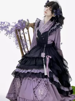 Lolita Dress And Apron Tow-piece Suit Purple Delicate Butterfly And Floral Embroidery Crossover Neckline Lolita Set Dress Apron