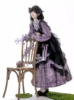 Lolita Dress And Apron Tow-piece Suit Purple Delicate Butterfly And Floral Embroidery Crossover Neckline Lolita Set Dress Apron