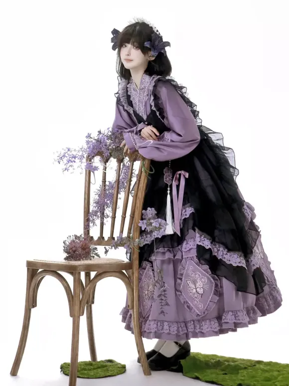 Lolita Dress And Apron Tow-piece Suit Purple Delicate Butterfly And Floral Embroidery Crossover Neckline Lolita Set Dress Apron