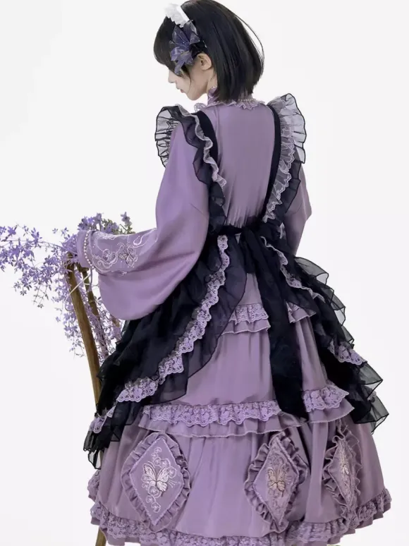 Lolita Dress And Apron Tow-piece Suit Purple Delicate Butterfly And Floral Embroidery Crossover Neckline Lolita Set Dress Apron