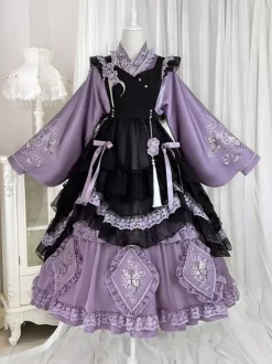 Lolita Dress And Apron Tow-piece Suit Purple Delicate Butterfly And Floral Embroidery Crossover Neckline Lolita Set Dress Apron