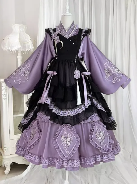 Lolita Dress And Apron Tow-piece Suit Purple Delicate Butterfly And Floral Embroidery Crossover Neckline Lolita Set Dress Apron