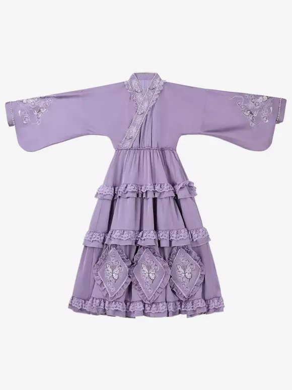 Lolita Dress And Apron Tow-piece Suit Purple Delicate Butterfly And Floral Embroidery Crossover Neckline Lolita Set Dress Apron