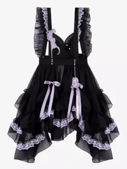 Lolita Dress And Apron Tow-piece Suit Purple Delicate Butterfly And Floral Embroidery Crossover Neckline Lolita Set Dress Apron