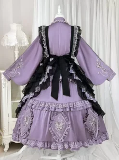 Lolita Dress And Apron Tow-piece Suit Purple Delicate Butterfly And Floral Embroidery Crossover Neckline Lolita Set Dress Apron