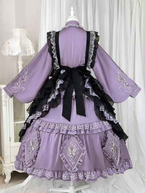 Lolita Dress And Apron Tow-piece Suit Purple Delicate Butterfly And Floral Embroidery Crossover Neckline Lolita Set Dress Apron