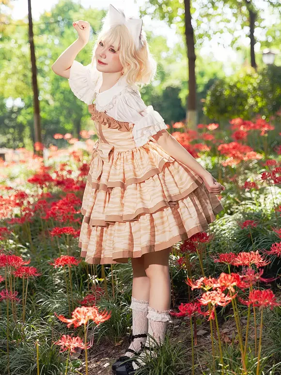 Lolita Dresses Tea party style Lolita skirt Bows Sleeveless Polyester Sweet Deep Apricot