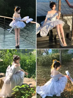 Lolita Dresses Tied Off Shoulder Sweet Fairy JSK Princess Dress Bow And Choker And Arm Bands Set Up