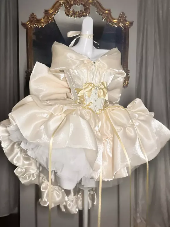 Lolita Dresses Tied Off Shoulder Sweet Fairy JSK Princess Dress Bow And Choker And Arm Bands Set Up