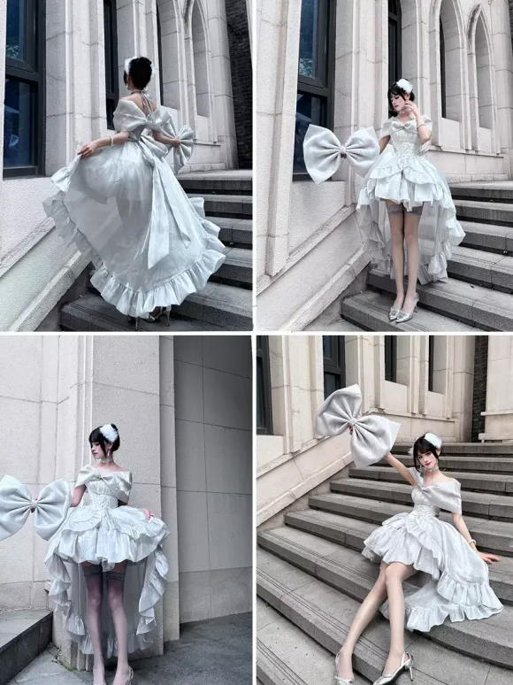 Lolita Dresses Tied Off Shoulder Sweet Fairy JSK Princess Dress Bow And Choker And Arm Bands Set Up