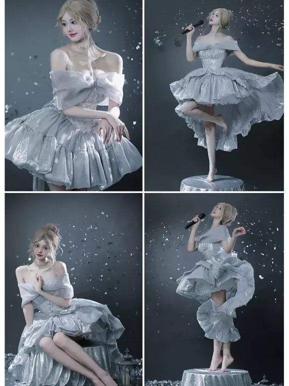 Lolita Dresses Tied Off Shoulder Sweet Fairy JSK Princess Dress Bow And Choker And Arm Bands Set Up