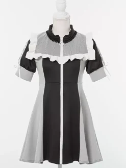 Lolita Dress Mesh Ruffles Collar Short Sleeves Color Block Zipper Coat Dress Subculture Uniform