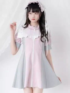 Lolita Dress Mesh Ruffles Collar Short Sleeves Color Block Zipper Coat Dress Subculture Uniform