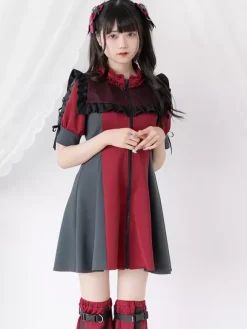 Lolita Dress Mesh Ruffles Collar Short Sleeves Color Block Zipper Coat Dress Subculture Uniform
