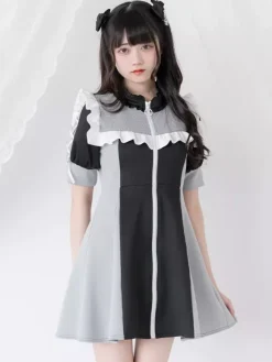 Lolita Dress Mesh Ruffles Collar Short Sleeves Color Block Zipper Coat Dress Subculture Uniform