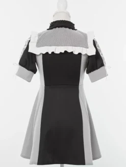 Lolita Dress Mesh Ruffles Collar Short Sleeves Color Block Zipper Coat Dress Subculture Uniform
