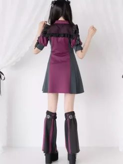 Lolita Dress Mesh Ruffles Collar Short Sleeves Color Block Zipper Coat Dress Subculture Uniform