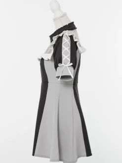 Lolita Dress Mesh Ruffles Collar Short Sleeves Color Block Zipper Coat Dress Subculture Uniform