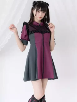 Lolita Dress Mesh Ruffles Collar Short Sleeves Color Block Zipper Coat Dress Subculture Uniform