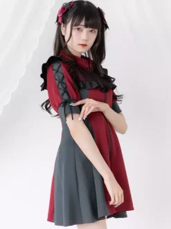 Lolita Dress Mesh Ruffles Collar Short Sleeves Color Block Zipper Coat Dress Subculture Uniform