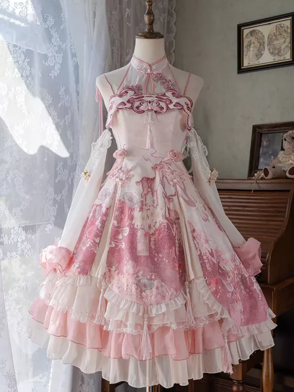 Lolita Dress Sweet Magenta Sleeveless Lace Dress with Chains Kawaii Asian Fashion