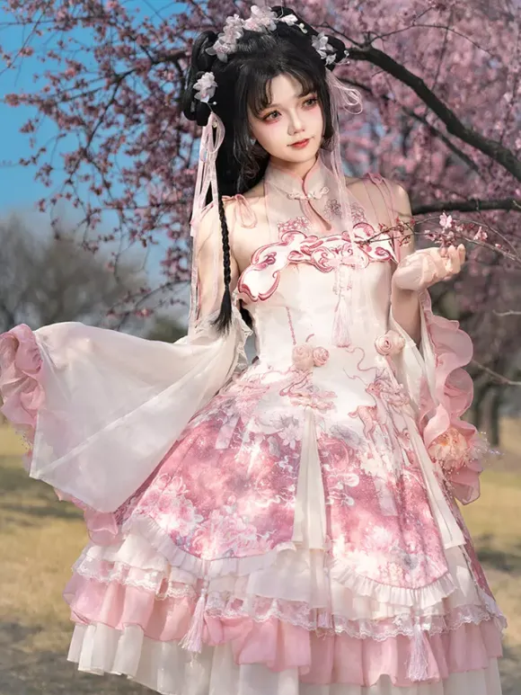 Lolita Dress Sweet Magenta Sleeveless Lace Dress with Chains Kawaii Asian Fashion