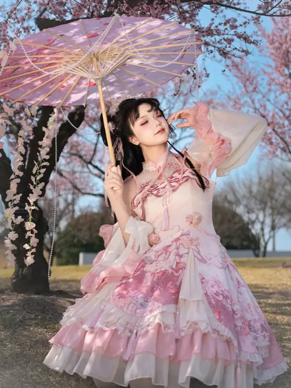 Lolita Dress Sweet Magenta Sleeveless Lace Dress with Chains Kawaii Asian Fashion