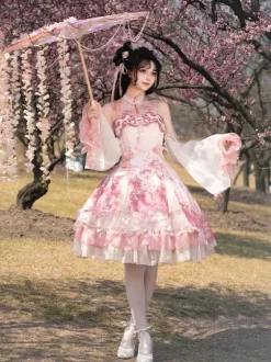 Lolita Dress Sweet Magenta Sleeveless Lace Dress with Chains Kawaii Asian Fashion