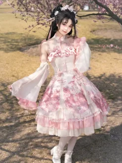 Lolita Dress Sweet Magenta Sleeveless Lace Dress with Chains Kawaii Asian Fashion